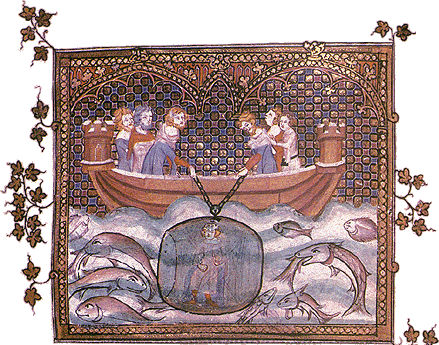 Alexander's descent, from a romance copied in Flanders c. 1340. The Search for Alexander p. 41